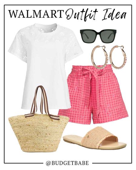 #ad new Walmart shorts and eyelet top (I have and love this top! Fits tts). Raffia slide sandals spring break vacation travel look straw bag #walmartfashion 

#LTKunder50 #LTKstyletip