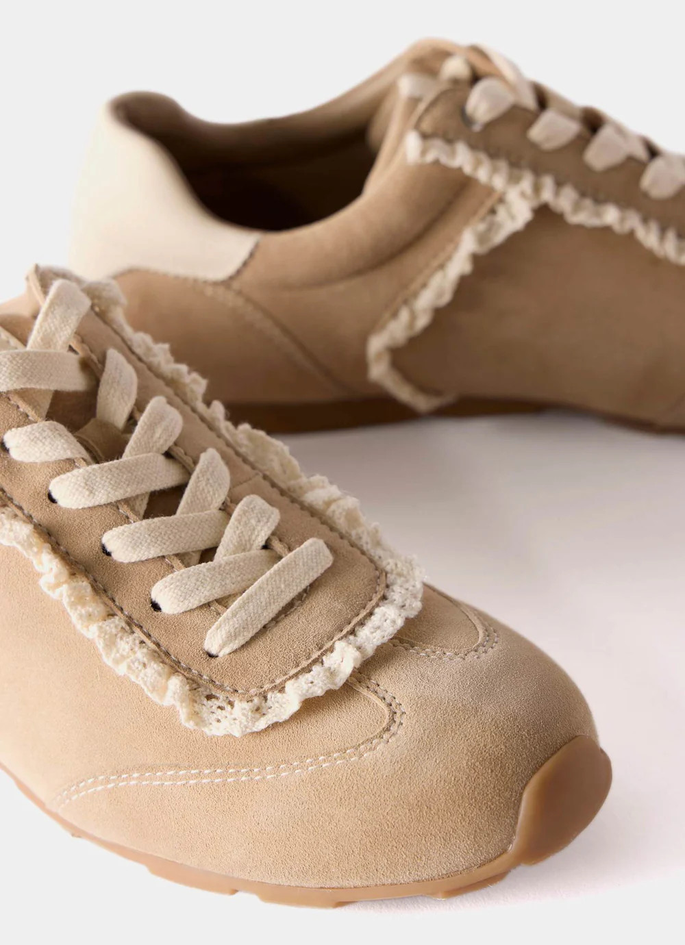 Lina Neutral Suede Lace Detail Trainers | Mint Velvet