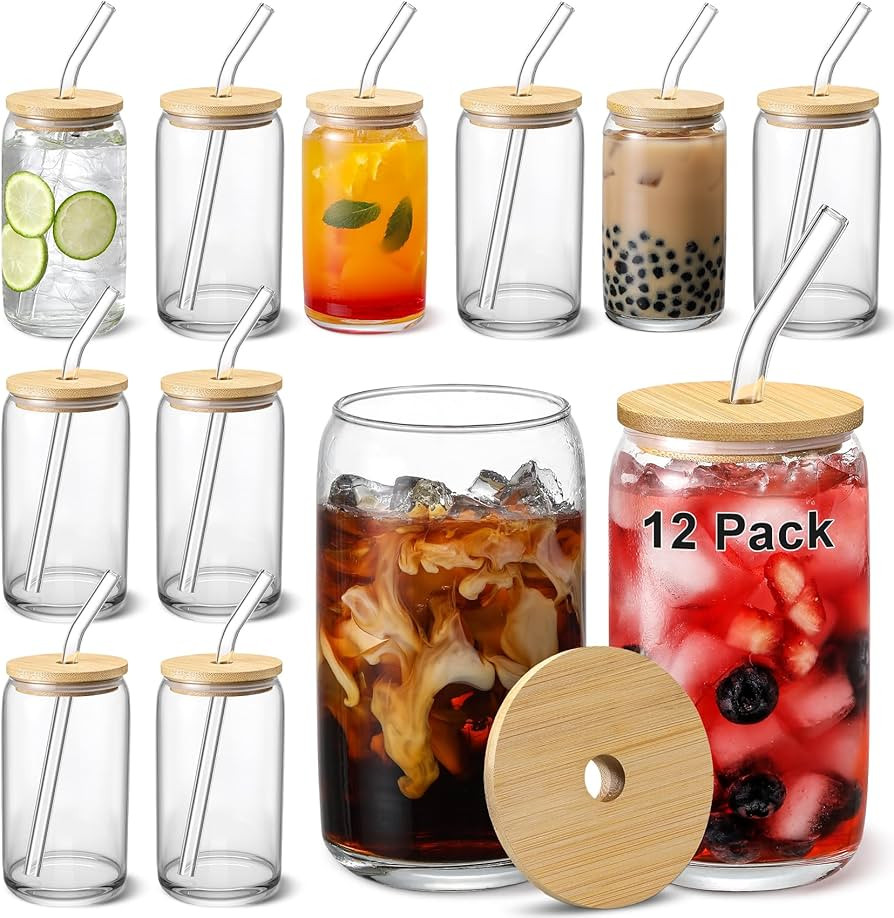 [ 12pcs Set ] Glass Cups with Bamboo Lids and Glass Straw - Beer Can Shaped 16 oz Iced Coffee Dri... | Amazon (US)