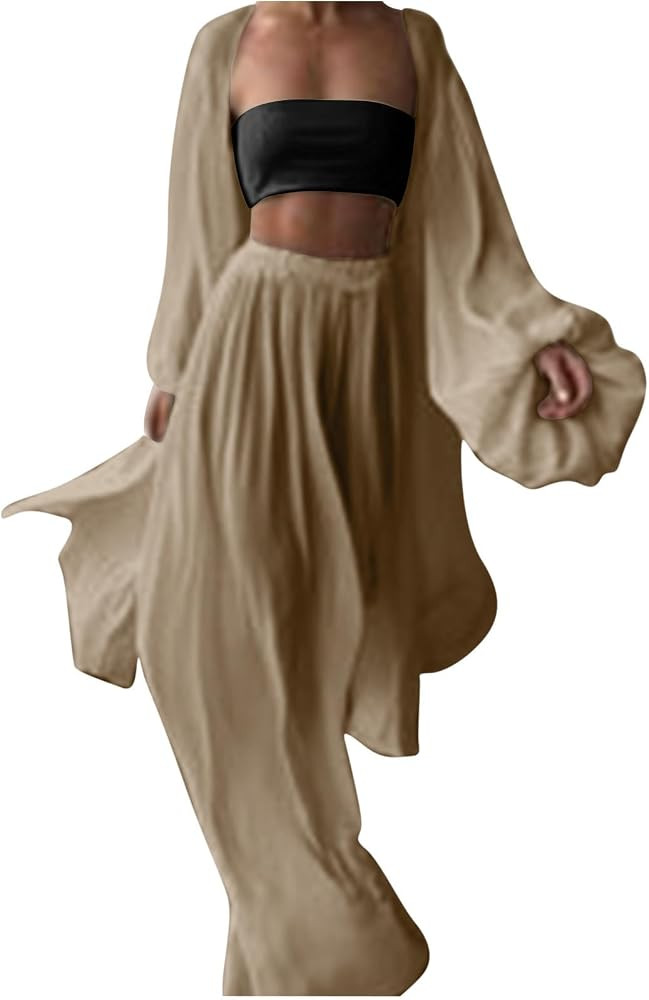 3 Piece Outfits for Women Long Cardigan Bandeau Top and Wide Leg Pants Flowy Loungewear Kimono Style Sets | Amazon (US)