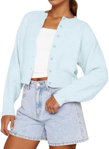 Women Casual Open Front Button Down Cropped Cardigan Sweaters Y2k Crewneck Long Sleeve Fall Knitw... | Amazon (US)