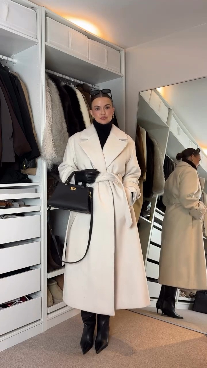 Long white belted coat styled with black for the festive season. Aligne coat, Arket black mohair jumper, lululemon Align leggings, H&M black heeled knee high boots, michino Paris black handbag, Marks & Spencer black leather gloves 

#LTKstyletip #LTKwinter #LTKuk