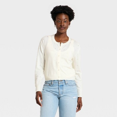 Women's Pointelle Button-Down Cardigan - A New Day™ Cream XS | Target