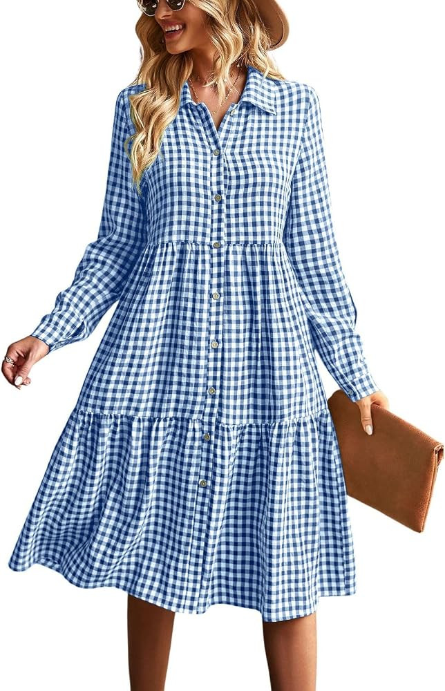 chouyatou Women's Retro Plaid Button Down Shirt Dress Long Sleeve Ruffle Tiered Midi Long Dress w... | Amazon (US)