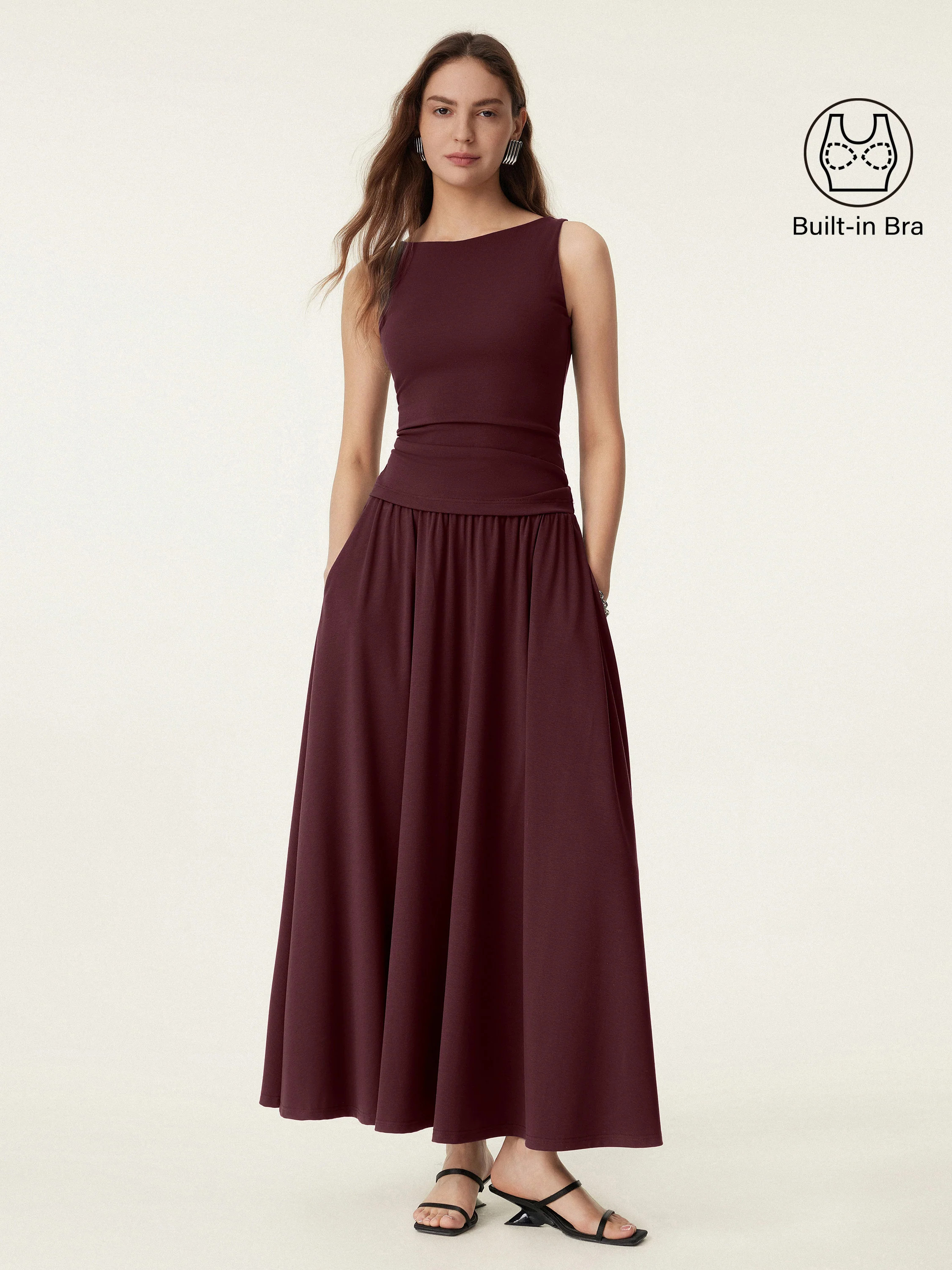 2Pcs Set Stretch Cotton Boatneck Bra Tank & Maxi Umbrella Skirt with Pockets | OGLmove