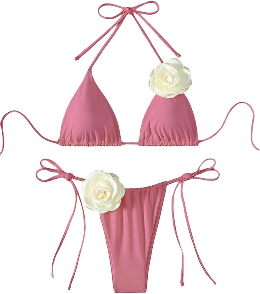 Women's Floral Appliques Cute Bathing Suit High Waisted Triangle Tie Side Swimsuit Bikini Set | Amazon (US)