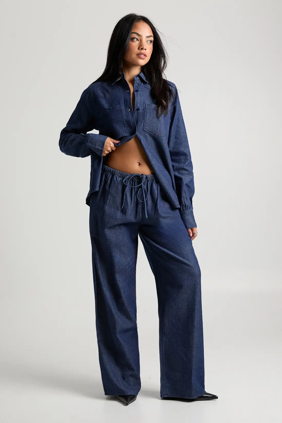 Indigo Chambray Drawstring Wide Leg Trouser | Boohoo | Boohoo.com (UK & IE)