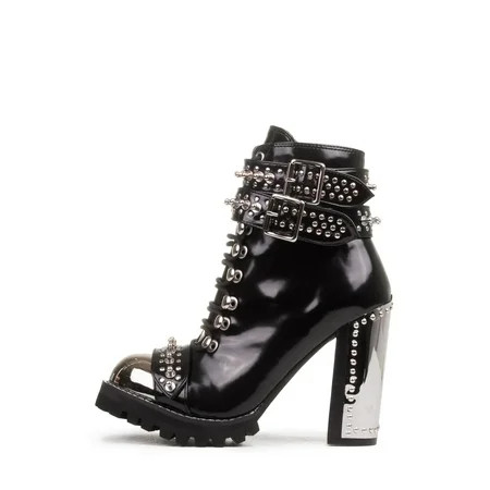 Jeffery Campbell Scorpius Black Box Silver Lace Up Buckled Heeled Bootie (8, Black Box Silver) | Walmart (US)