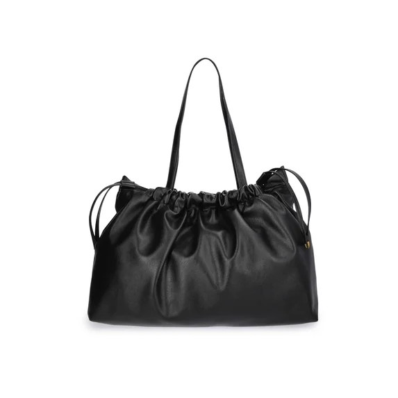 Scoop Women's Faux Leather Oversized Drawstring Pouch Tote, Black | Walmart (US)