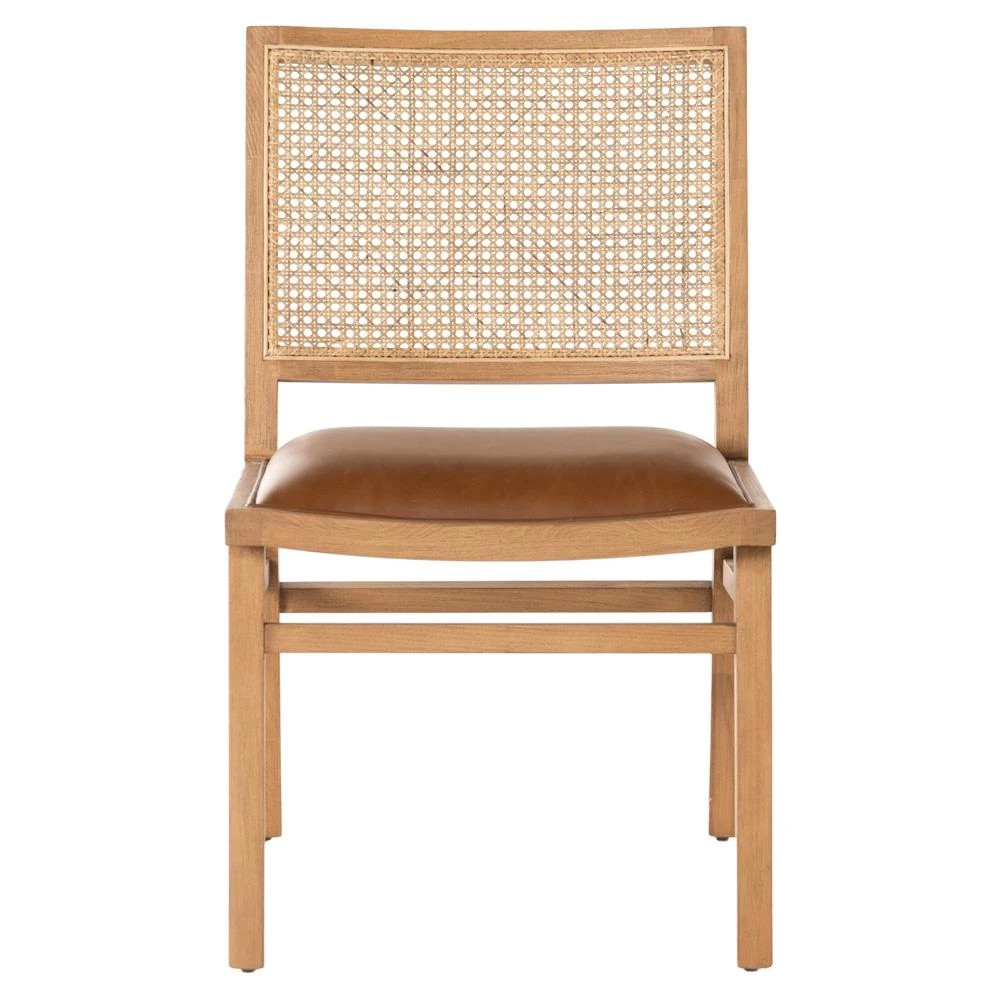 Samantha Coastal Brown Upholstered Faux Leather Natural Wood Cane Dining Side Chair | Kathy Kuo Home
