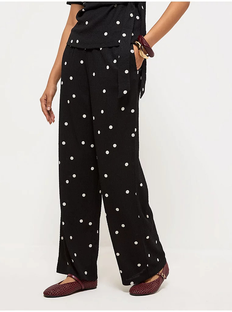 Black Polka Dot Tie Waist Textured Trousers | George