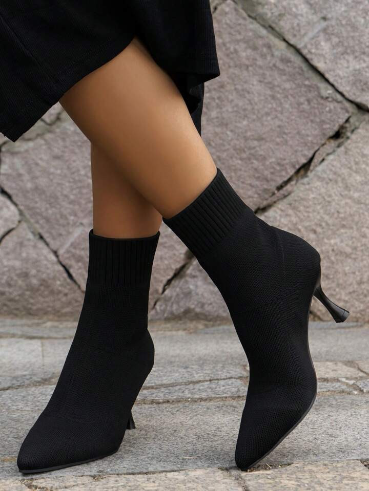 Women's Mid-calf Boots, Plus Size High Heeled Short Boots, Shoes Covered With Stockings | SHEIN