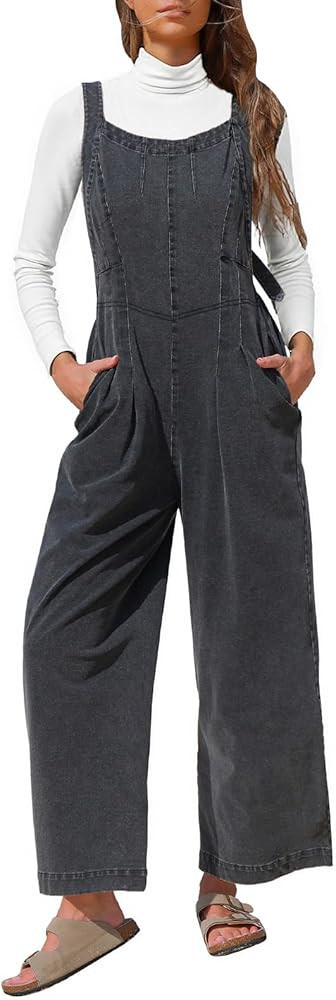 EXLURA Women Fall Overalls Denim Loose Fit Wide Leg Bib Jumpsuits Casual Adjustable Baggy Jeans R... | Amazon (US)
