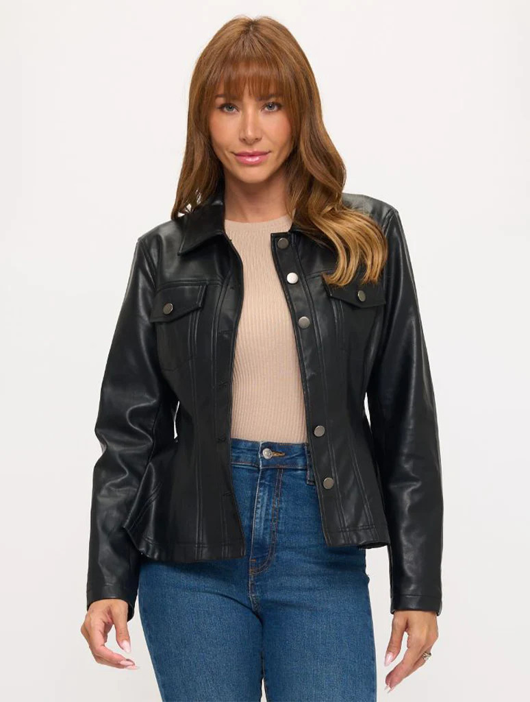 Peplum Vegan Leather Jacket | JAYNE
