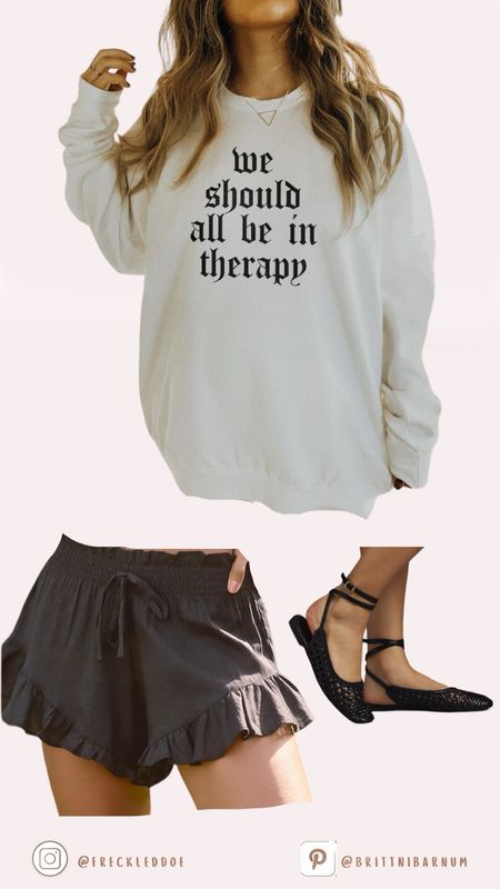 We should all be in therapy sweater ruffle shorts strap flats cute shoes black shoes oversized sweater black shorts

#LTKshoecrush #LTKSpringSale #LTKstyletip