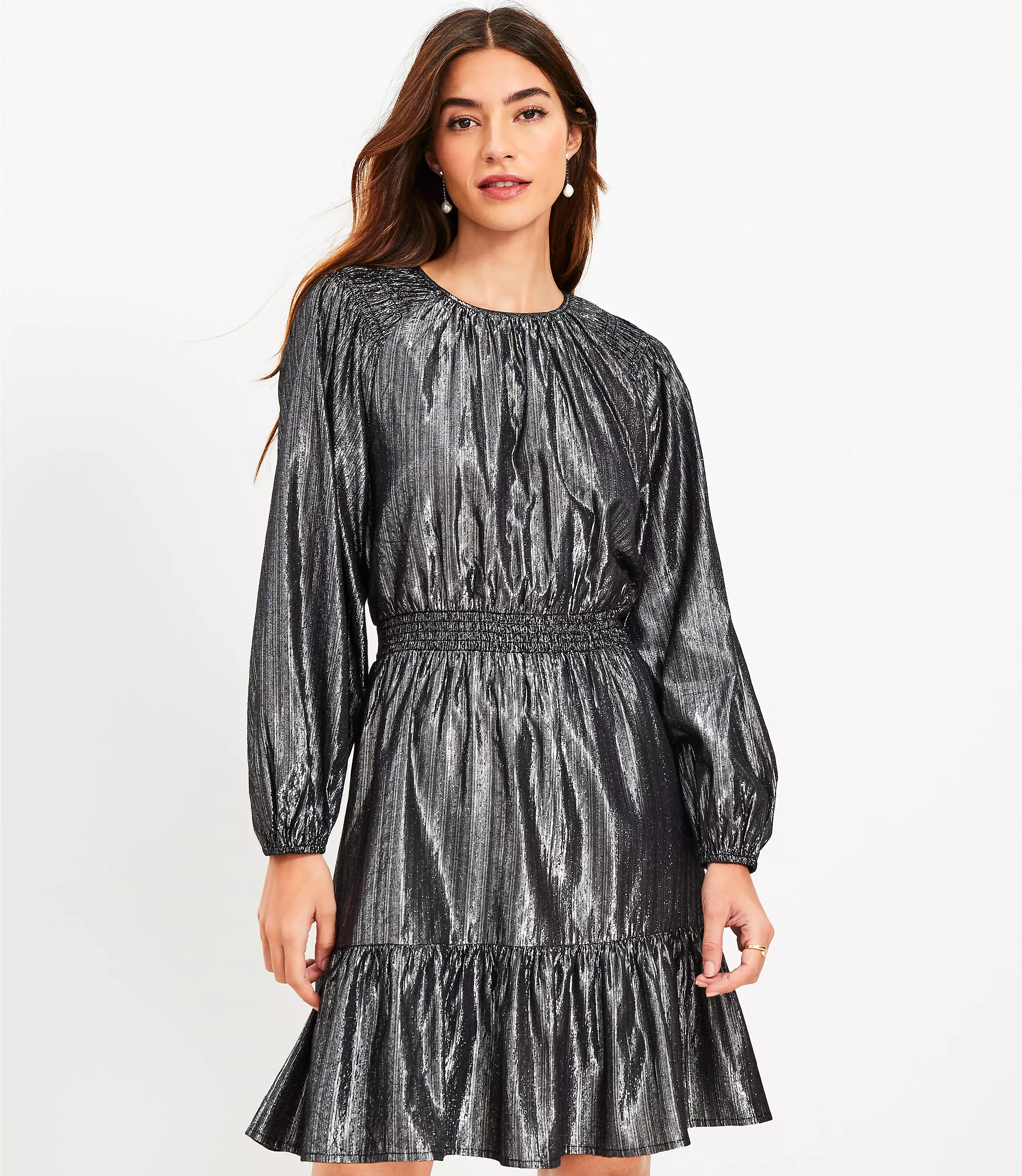 Shimmer Smocked Flounce Flare Dress | LOFT