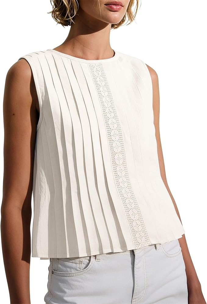 Womens Pleated Crop Tank Tops Summer Sleeveless Crew Neck Blouse Loose Fit Trendy Y2K Guipure Bab... | Amazon (US)
