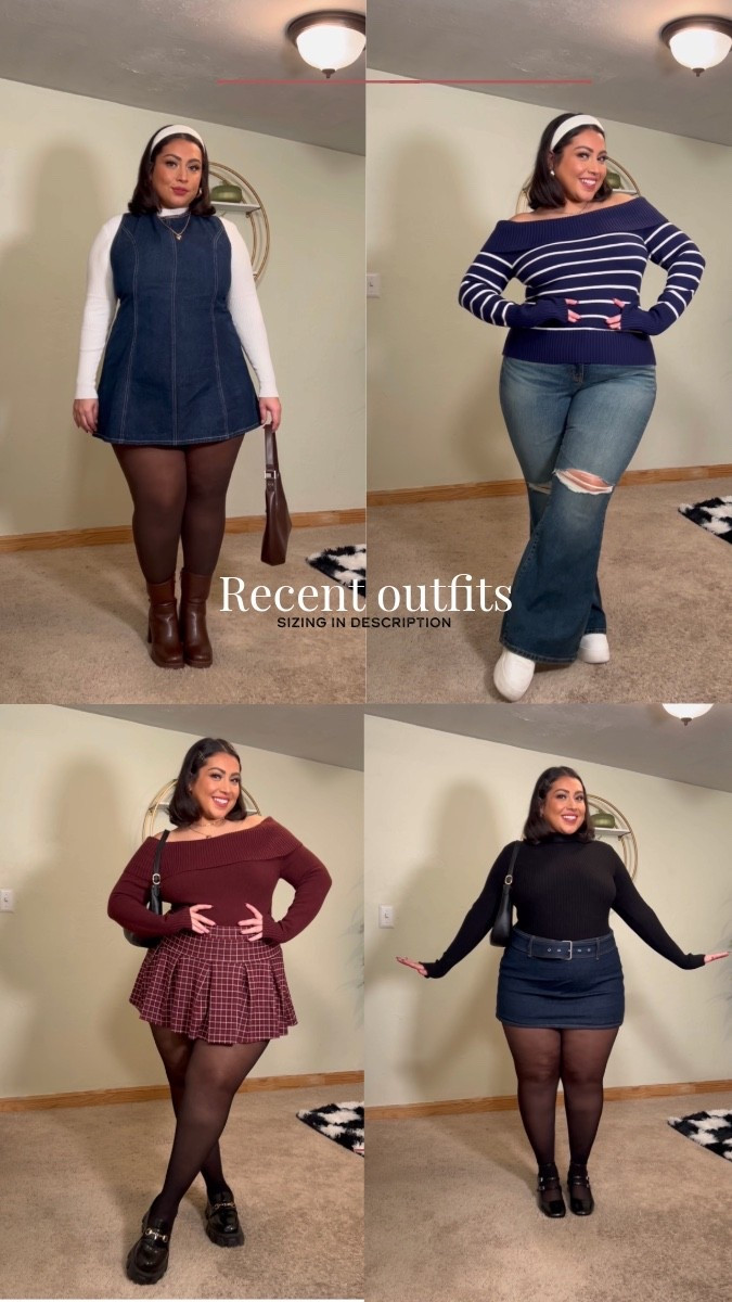 Outfit 1: 2XL denim dress, L white top 
Outfit 2: XL sweater , 16 jeans 
Outfit 3: XL sweater, XL skirt
Outfit 4: XL top , 34 denim skirt 

#LTKPlusSize #LTKMidsize #LTKHoliday