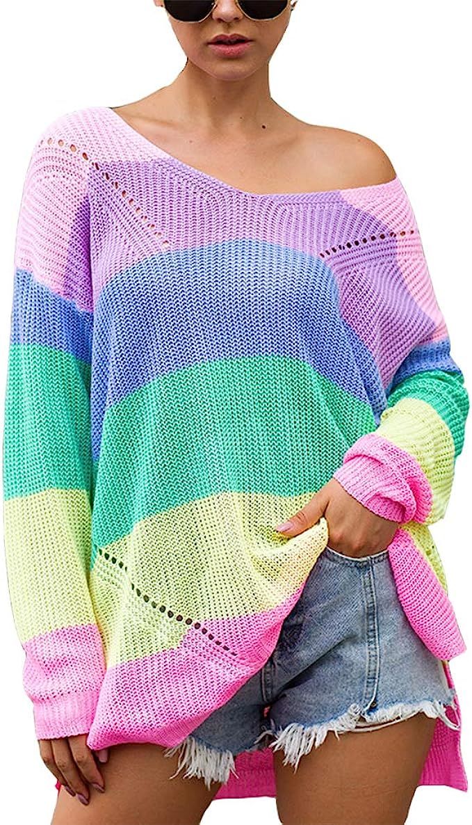 Susupeng Women V Neck Long Sleeve Loose Fitting Oversized Rainbow Block Thin Sweaters Knitting Pu... | Amazon (US)