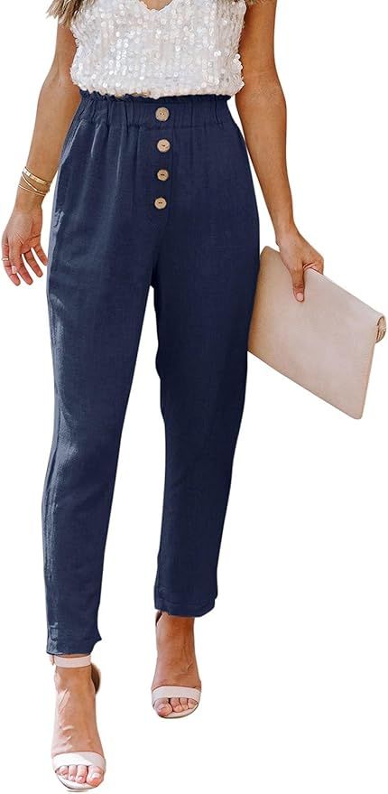 NIMIN Womens Casual Loose Pants Comfy Cropped Work Pants with Pockets Elastic High Waist Paper Ba... | Amazon (US)