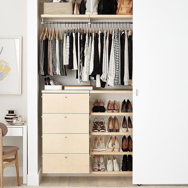 Elfa Décor 4' Birch & White Small Reach-In Closet | The Container Store