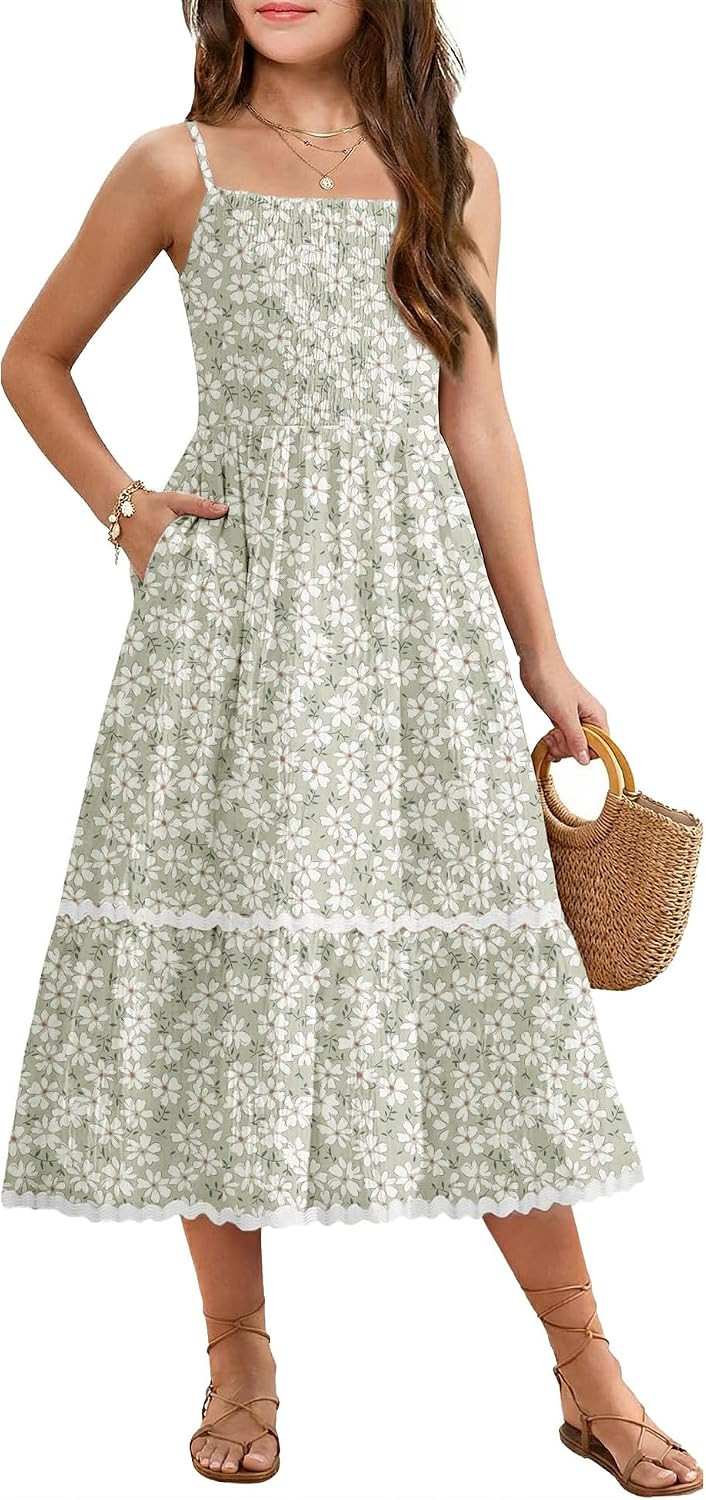 Arshiner Girls Spaghetti Strap Dress Tiered Cami Maxi Sundress with Pockets | Amazon (US)