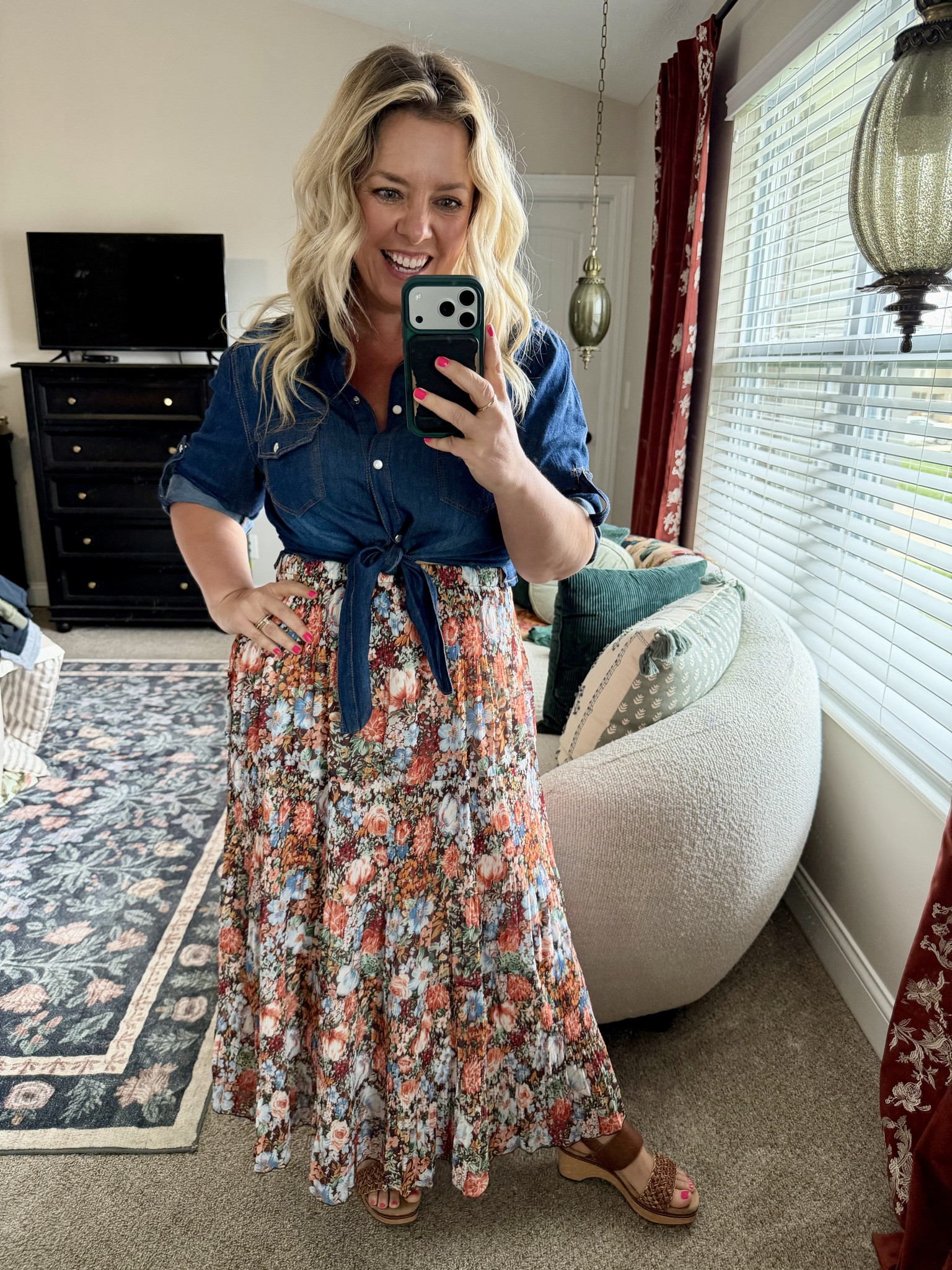 The whole look is Amazon! Cutest floral maxi skirt & my fav way to wear a denim shirt is tied like this so I finally got one meant to be worn this way! + the most comfy wedge sandals! Wearing my true size lg in the skirt & sized down to a med in the shirt & I’m 5’2” so the skirt is petite friendly too!

#LTKPetite #LTKSaleAlert #LTKMidsize