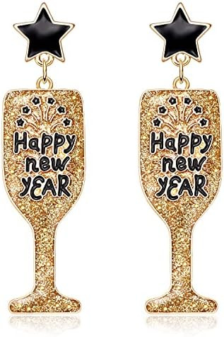 Happy New Year's Eve Champagne Bottle Earrings for Women Glitter Wine Glass Drop Dangle Earrings ... | Amazon (US)