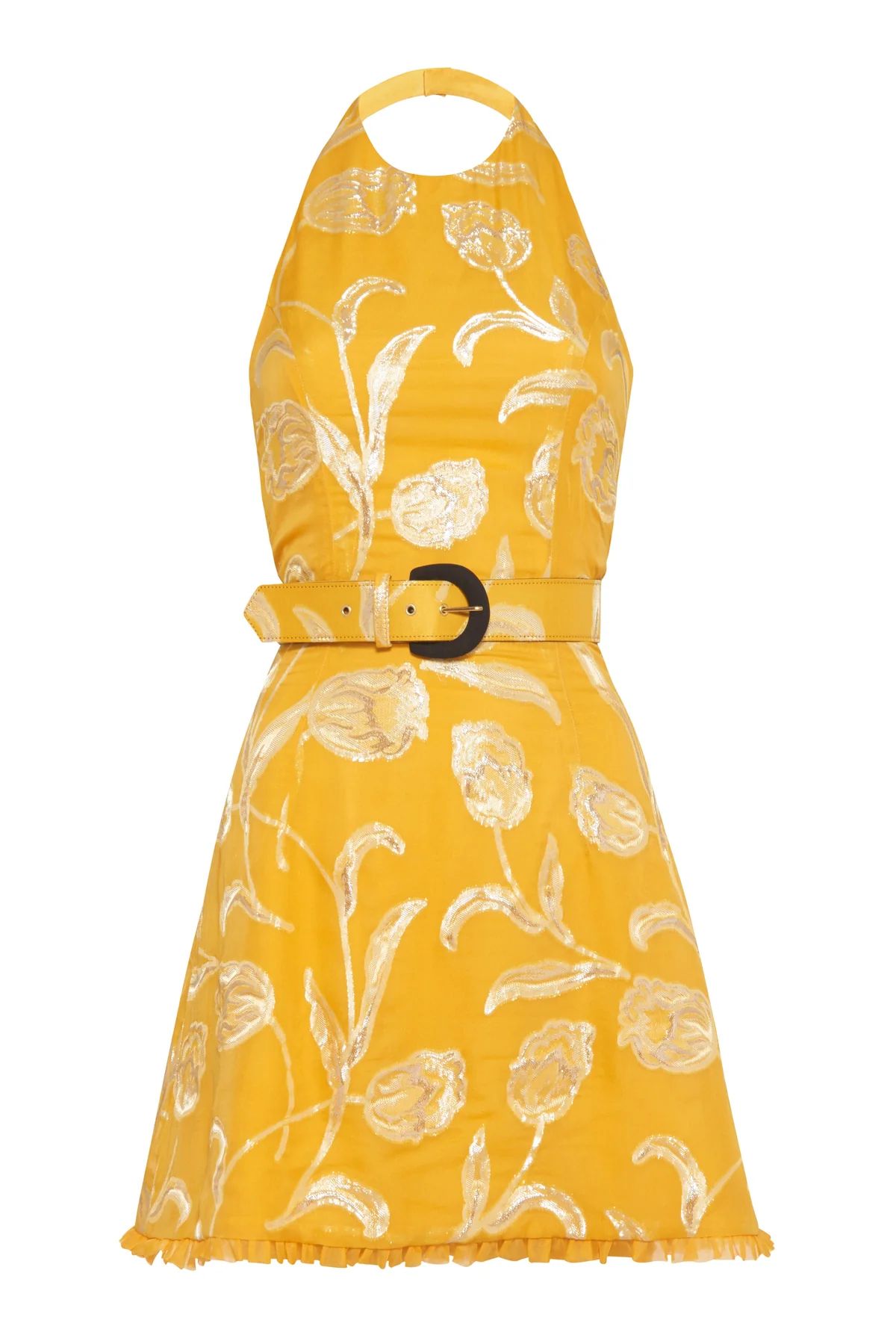 Agave Yellow Floral Halter Mini Dress With Belt | Over The Moon
