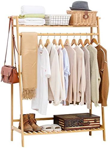 COPREE Bamboo Garment Coat Clothes Hanging Heavy Duty Rack with top Shelf and Shoe Clothing Storage  | Amazon (US)