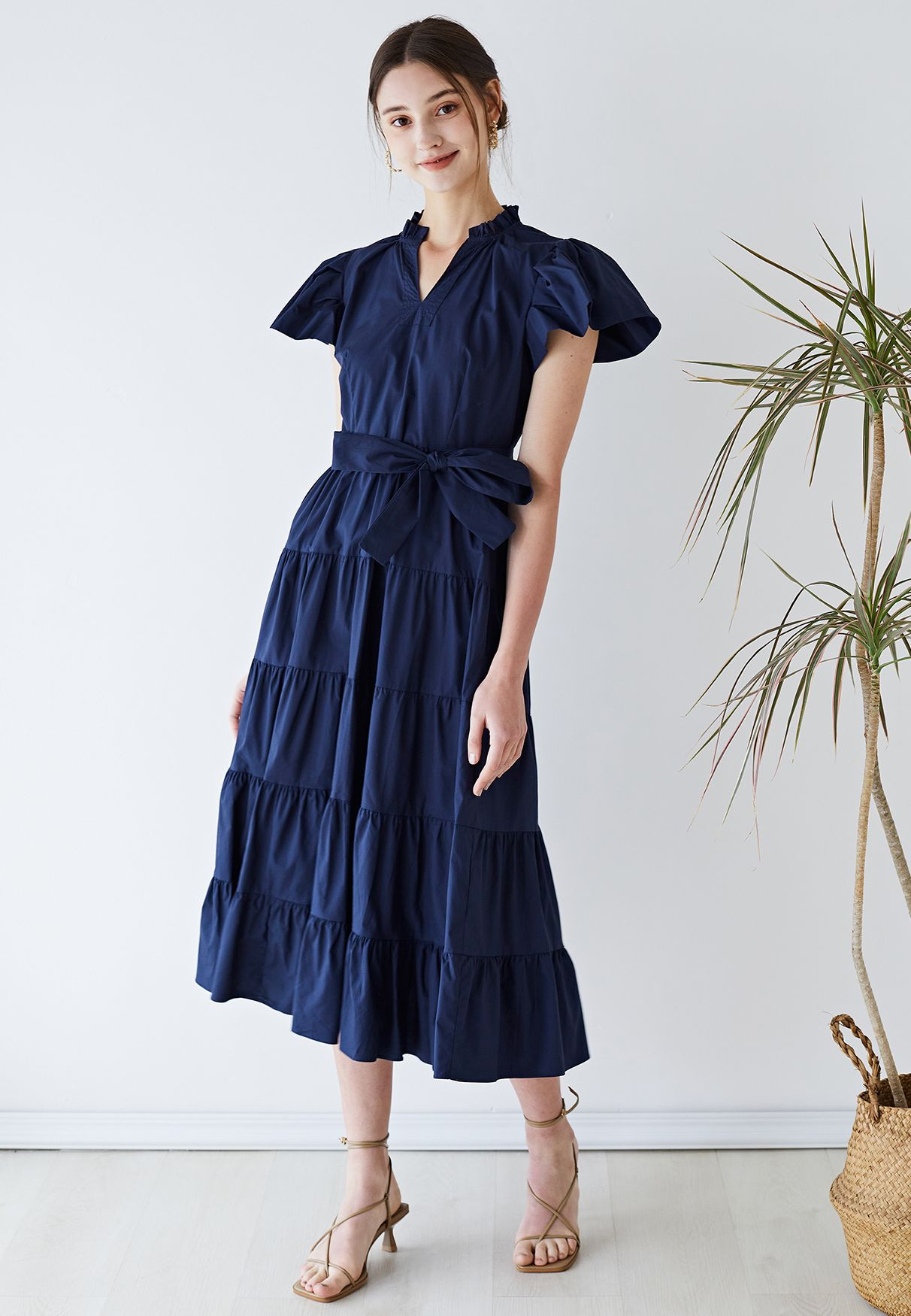 V-Neck Flutter Sleeve Ruffle Cotton Dress in Navy | Chicwish