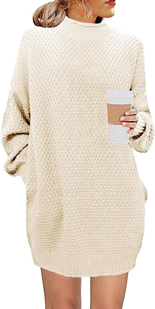 MEROKEETY Women's Turtleneck Long Sleeve Sweater Casual Loose Knit Sweater Dress White at Amazon ... | Amazon (US)