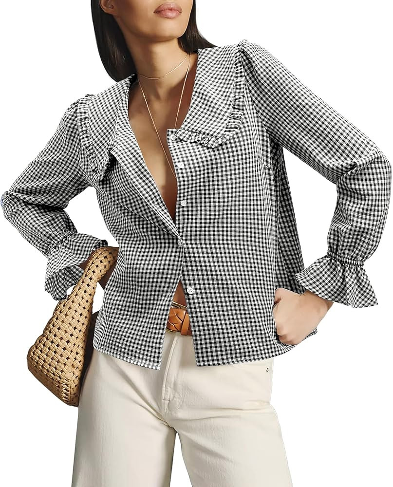 siliteelon Plaid Shirts for Women Gingham Top Button Down Shirts Peter Pan Collar Puff Long Sleev... | Amazon (US)