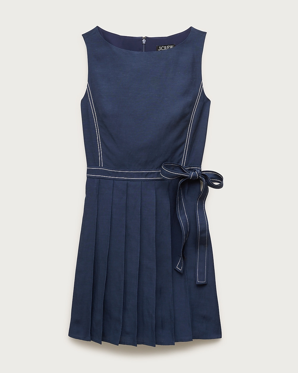 Pleated contrast-stitch side-tie mini dress in linen blend | J. Crew US