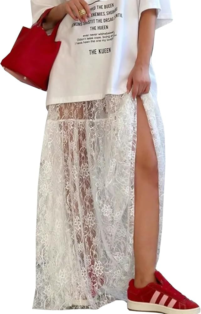 Women's Floral Lace Skirt See-Through Floral Maxi Mesh Tulle Skirt Sheer Flowy Lace Skirts | Amazon (US)