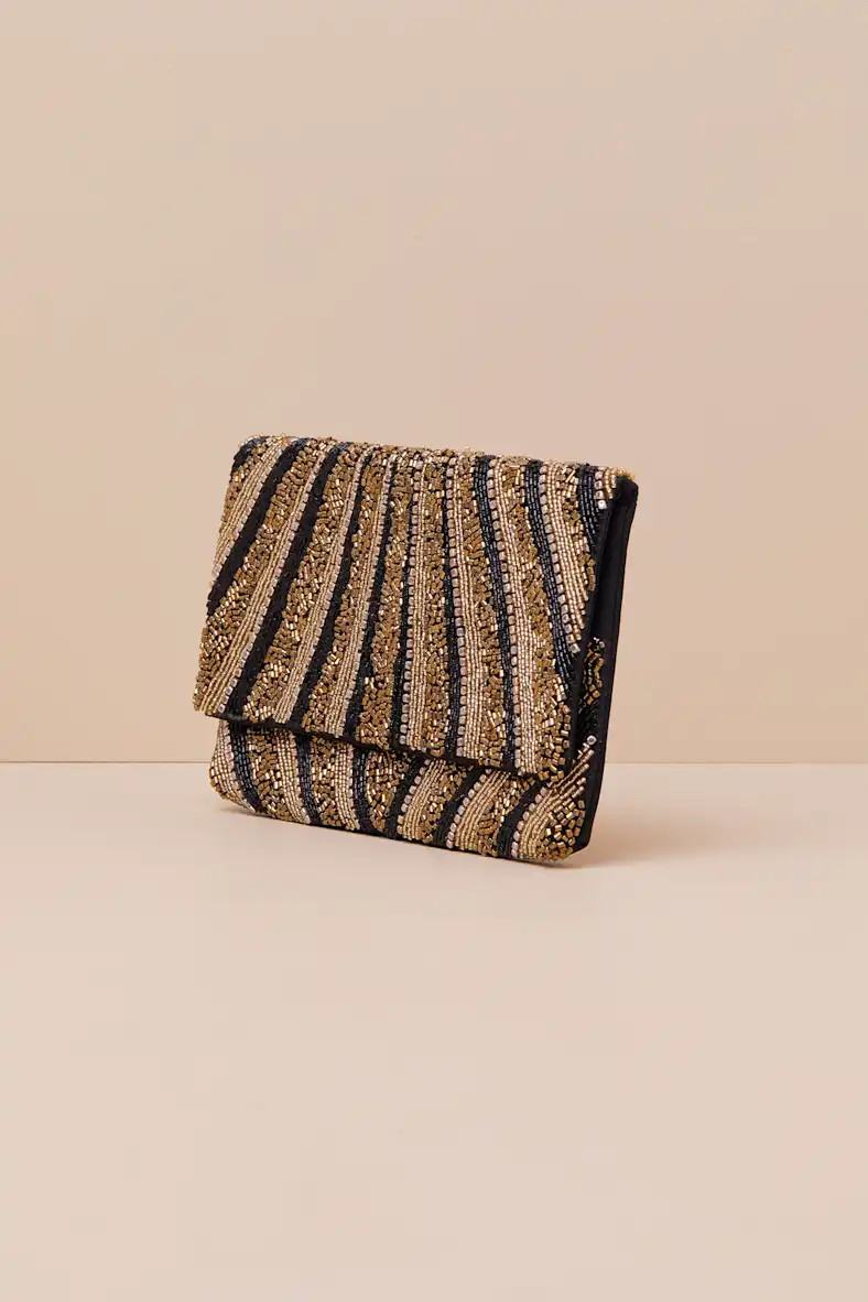 Pleased RSVP Black and Gold Multi Striped Beaded Clutch | Lulus