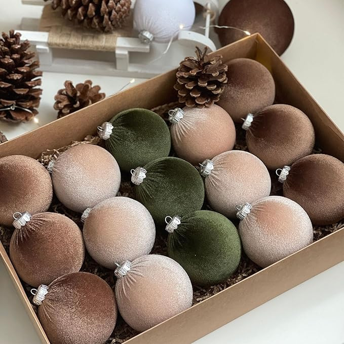 Lanjinlin 15Pcs Velvet Christmas Ornaments Balls - Green, Brown, Beige Christmas Tree Ornaments, ... | Amazon (US)