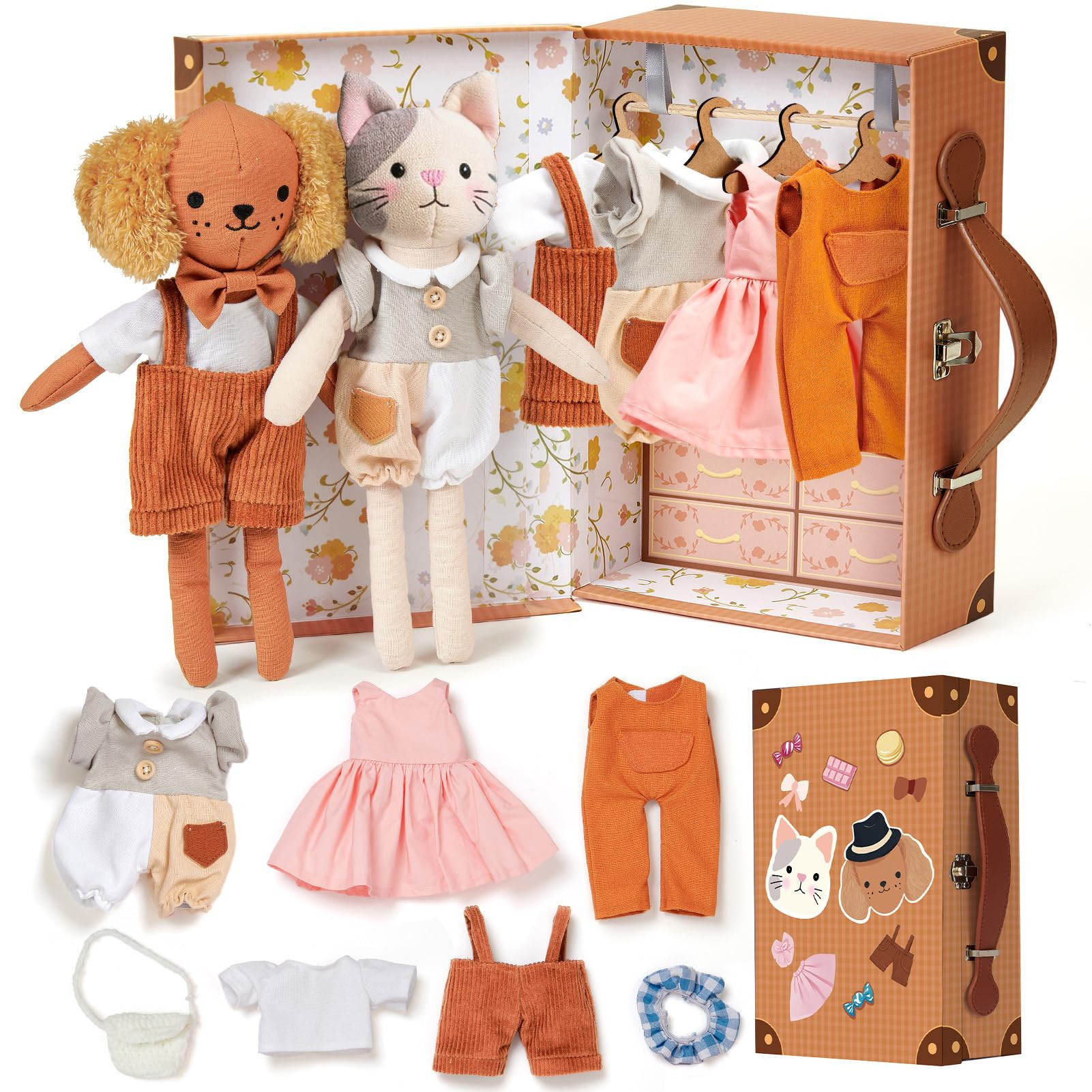 Golray Portable Dress Up Plush Doll Set with Storage Case, Cat & Dog Stuffed Animal Toys, Doll Cl... | Amazon (US)