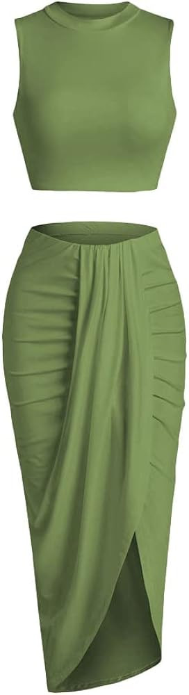 ZAFUL Women's Casual Sleeveless Summer Two Piece Outfits Crop Top and Side Split Draped Ruched Ma... | Amazon (US)