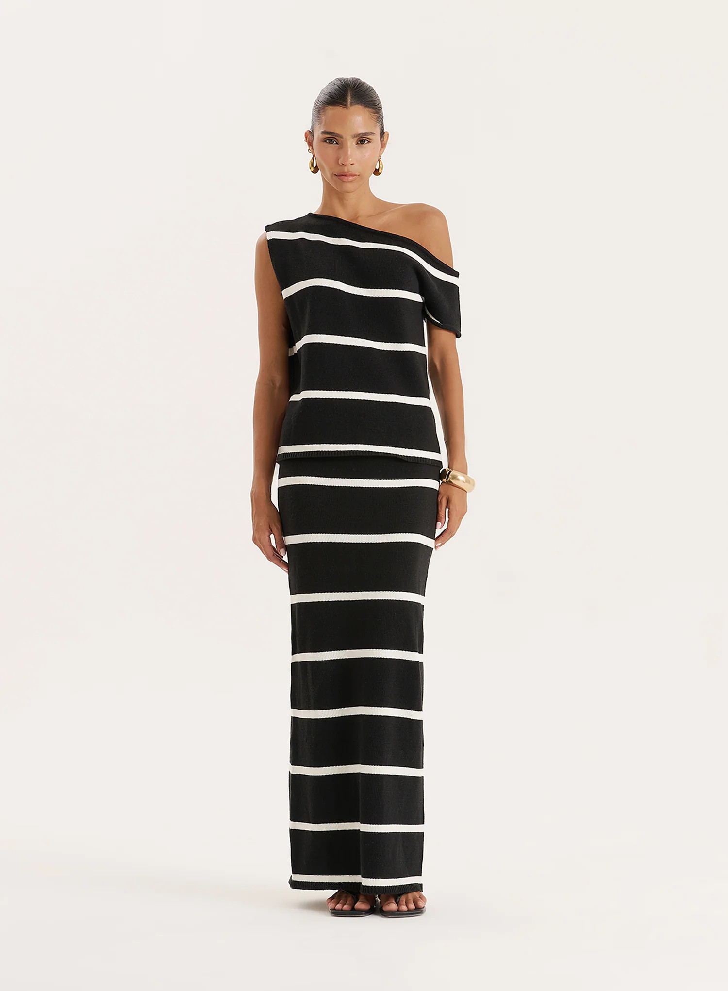 Black And White Stripe Knitted Maxi Skirt- Aisa | 4th & Reckless