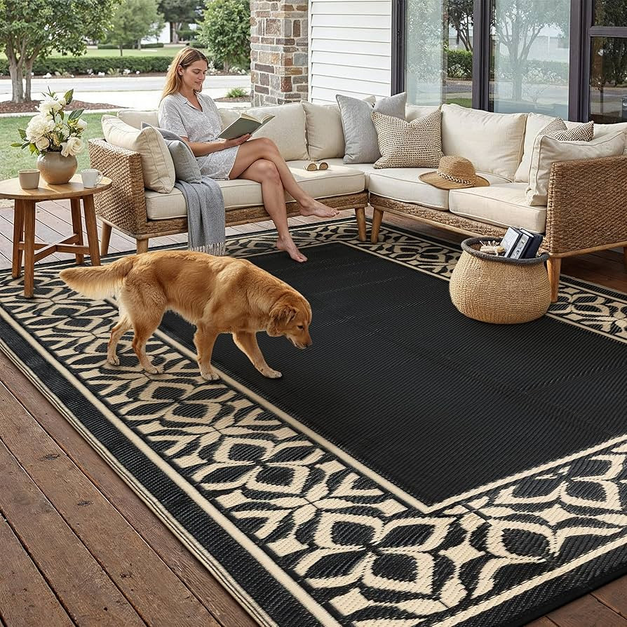 PureCozy Outdoor Plastic Straw Rug Black Beige Large Outside Waterproof Outdoor Patio 6x9 Carpet ... | Amazon (US)