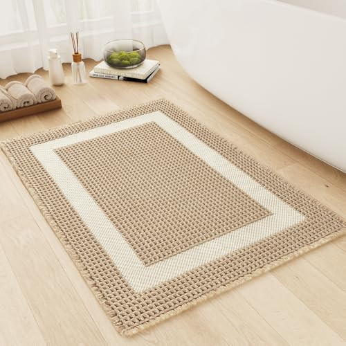 MontVoo Waffle Bath-Mat Non Slip, Super Absorbent Bath Mats for Bathroom Ultra Soft Bathroom Mat with Tassels, Boho Bathroom Rugs Non Slip Washable Bath Rugs, 17''x24'',Beige | Amazon (US)