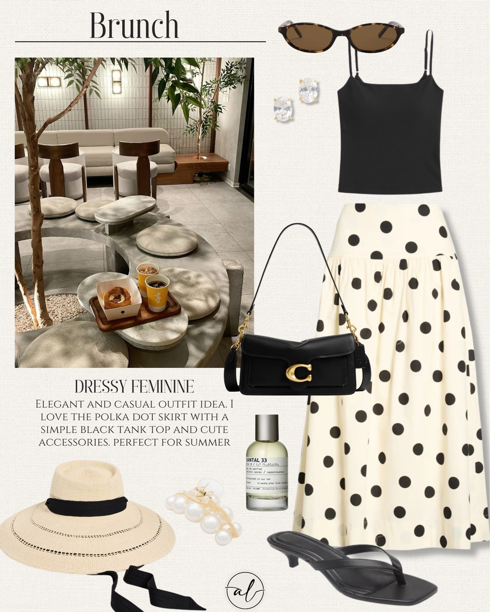 Brunch outfit: dressy feminine - elegant and casual outfit idea. I love the polka dot skirt, with a simple black tank top and cute accessories, perfect for summer

#LTKU #LTKSeasonal #LTKootd
