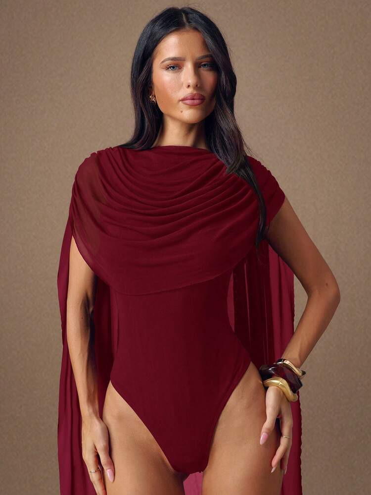 SHEIN BAE Burgundy Round Neck Ribbon Fitted Bodysuit For Women, Suitable For Graduation Party, Formal Occasions, Cocktail Party, Romantic Date, Autumn/Winter Base Layer, Party, Nightclub, Formal Gathering, Going Out At Night, Halloween, Christmas | SHEIN