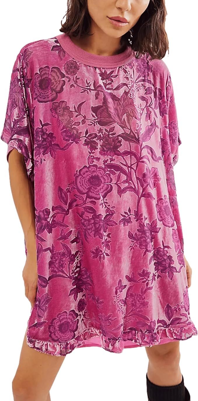 Women's Vintage Velvet Dress Round Neck Short Sleeve Floral Printed Mini Flowy Dress | Amazon (US)