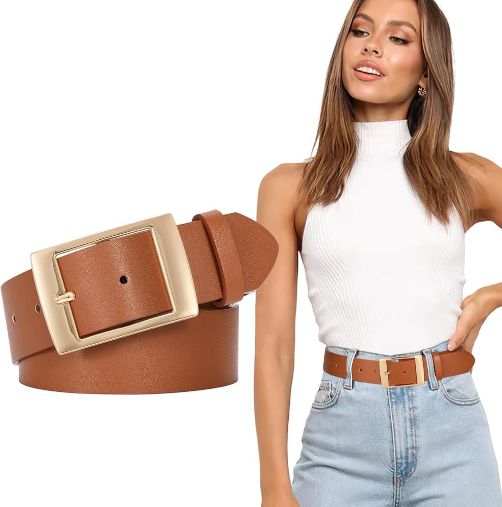 SUOSDEY Fashion Womens Leather Belts,Wide Waist Belt with Pin Buckle for Jeans Pants Dresses,1.5"... | Amazon (US)