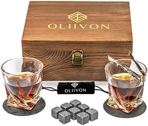 Premium Whiskey Stones Glass Gift Set - 2 Twist Whiskey Glasses, 8 Chilling Whisky Rocks, 2 Slate Co | Amazon (US)