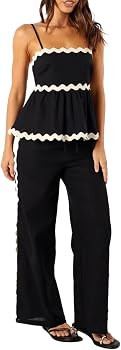 Matching Lounge Sets for Women Sleeveless Rickrack Trim Camis Drawstring Wide Leg Pants Suit 2 Pi... | Amazon (US)
