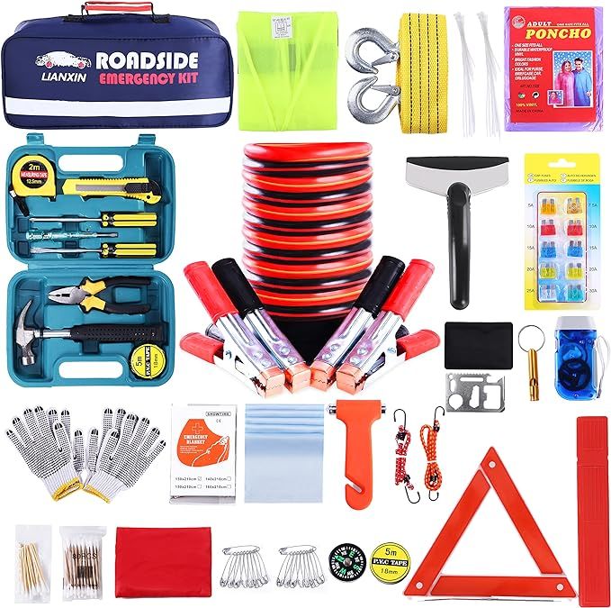 LIANXIN Roadside Assistance Emergency Kit - Multipurpose Emergency Pack Car Premium Road Kit Jump... | Amazon (US)