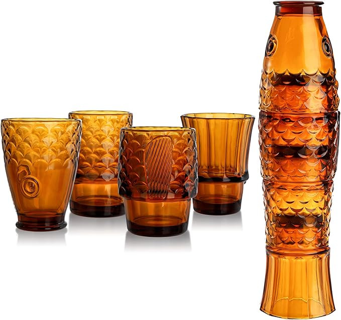Frcctre Set of 4 Koi Fish Design Drinking Glasses, Stackable Amber Tumbler Glasses Beverage Cups ... | Amazon (US)